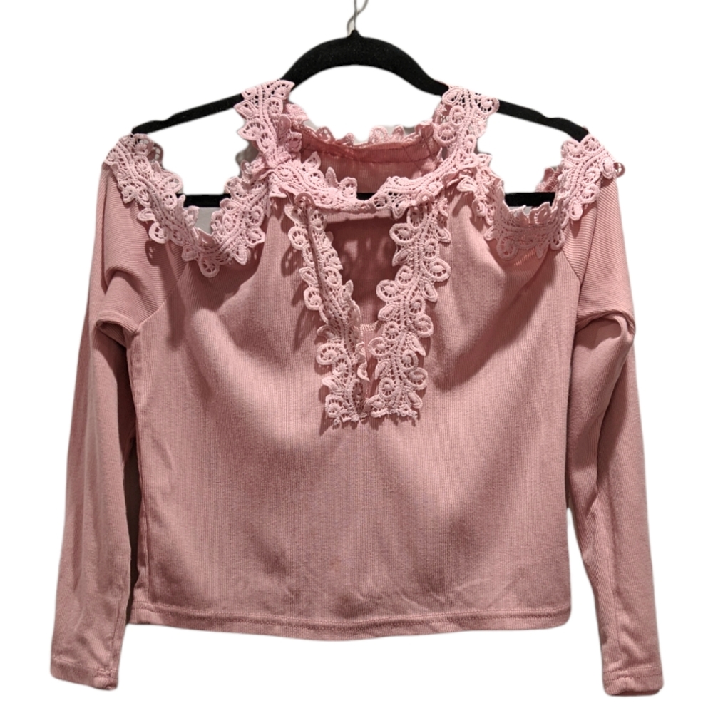 Lace Cold-Shoulder Front Keyhole Long Sleeve Shirt